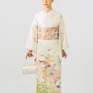 訪問着 うす緑 ピンク小花