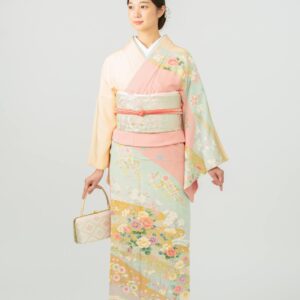 訪問着 薄ピンク 鴛鴦，草花